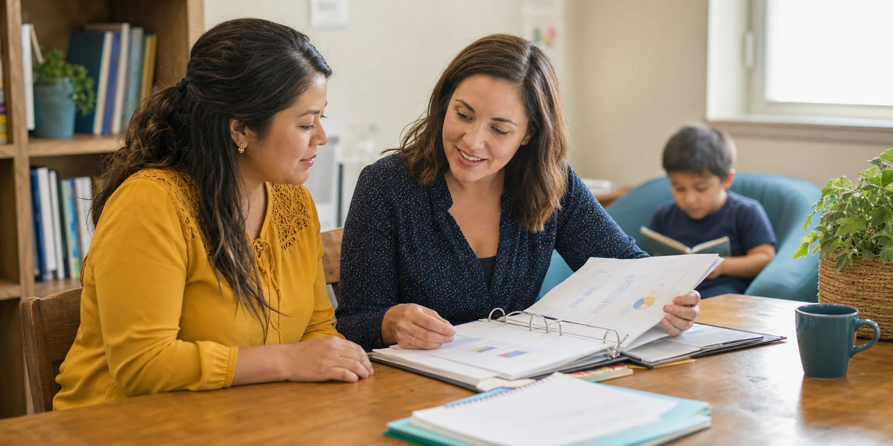 Family and teacher reviewing a student portfolio